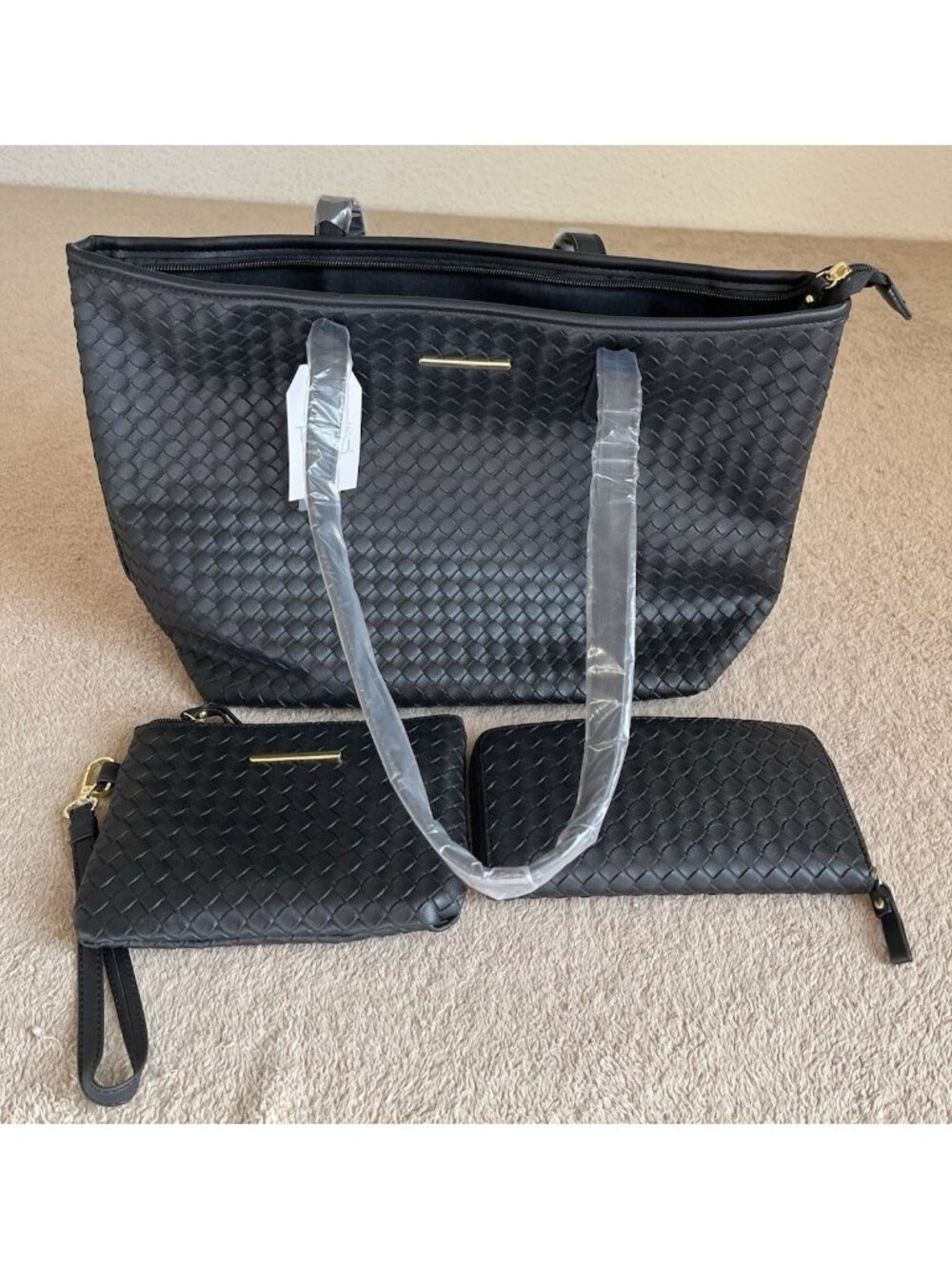 Time and Tru 3 Piece Handbag Set Black Woven Tote NWT - Picture 4 of 10